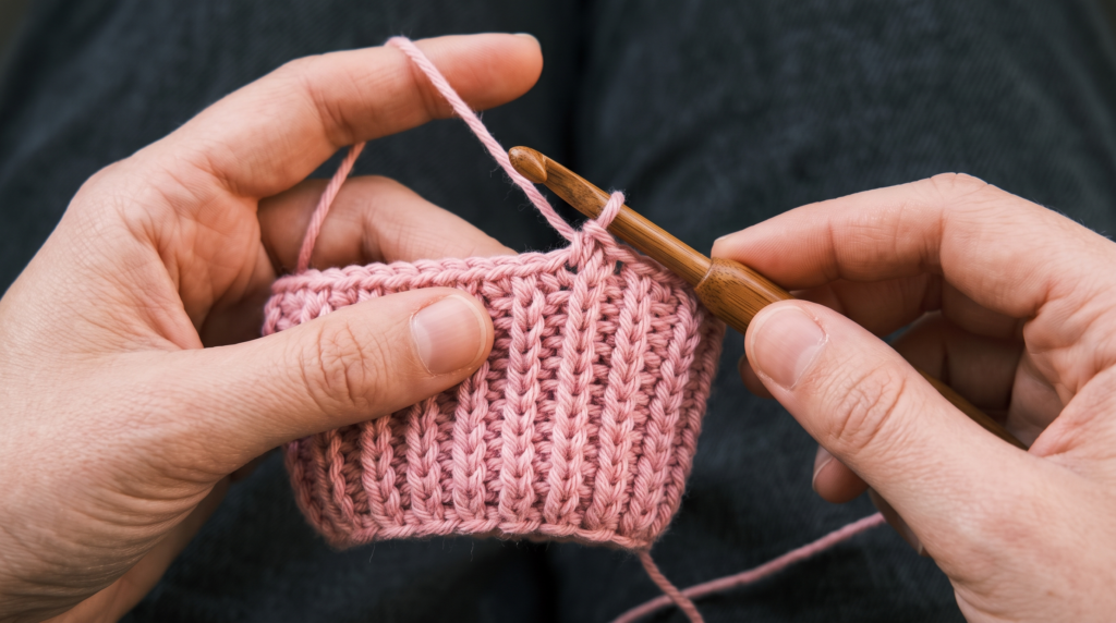 Close-up of hands crocheting a dusty pink ribbed fabric using a wooden crochet hook. The image highlights textured crochet stitches and yarn tension, demonstrating a crochet technique for a handmade baby garment or accessory.