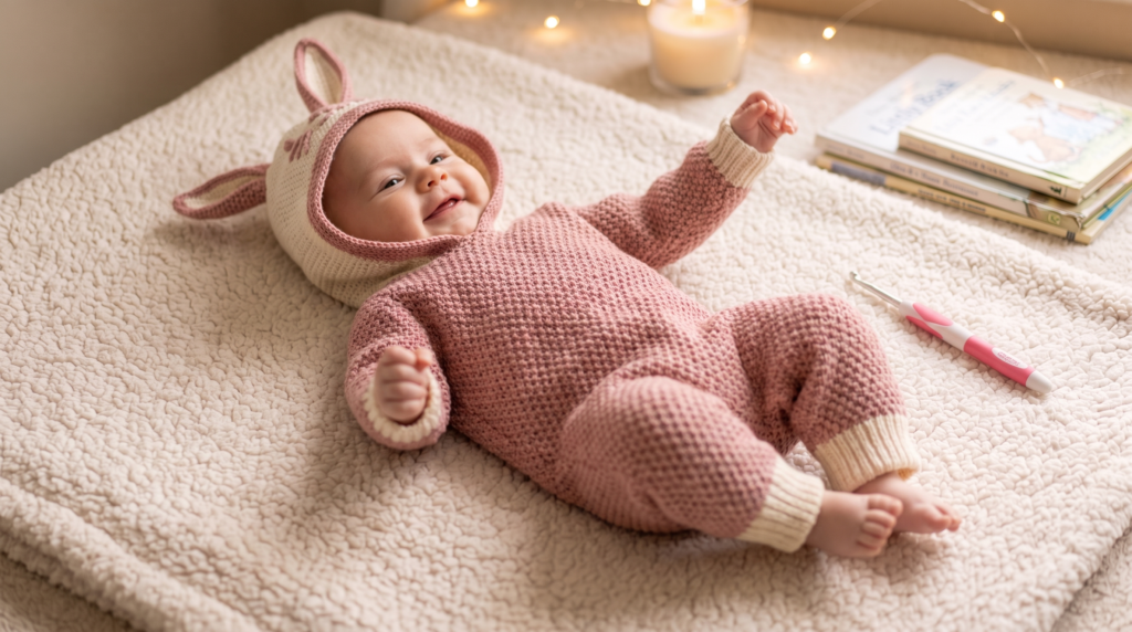 Smiling newborn baby lying on a soft cream blanket, wearing a handmade dusty pink crochet bunny romper with cream ribbed cuffs and an adorable bunny-ear hood. The cozy nursery setting features warm fairy lights, a candle, children's books, and a pink crochet hook, creating a charming, handmade aesthetic.