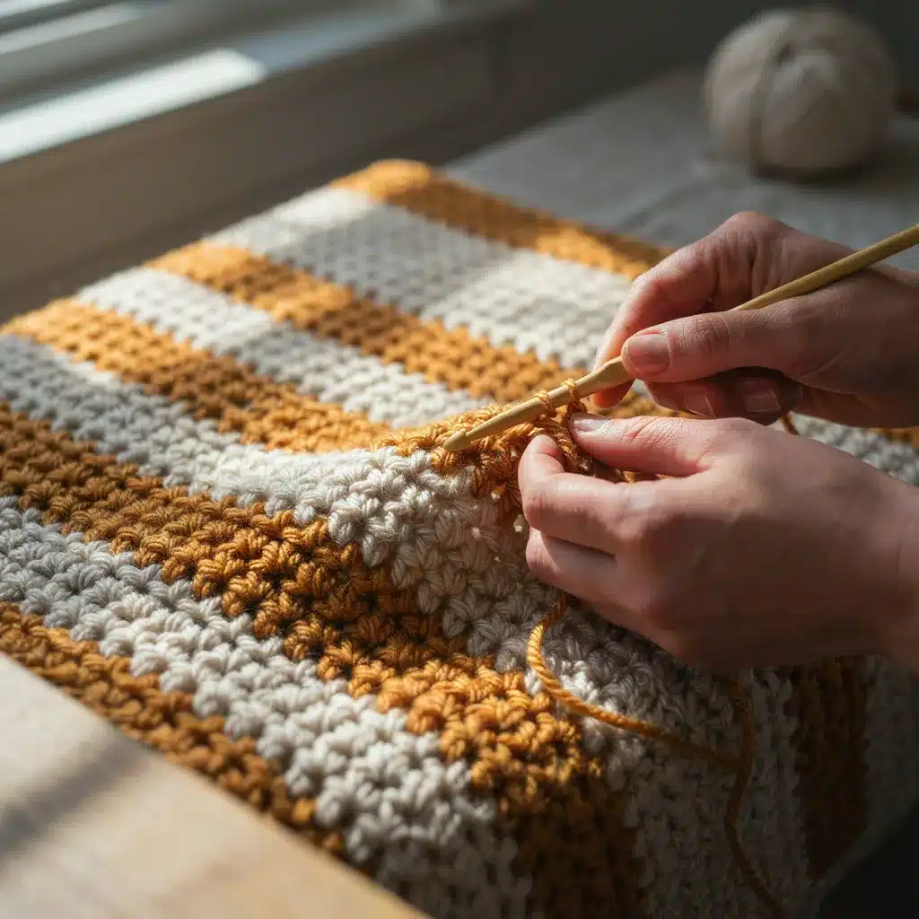 Close-up of hands working half double crochet stitches into a mustard gold and cream striped blanket edge