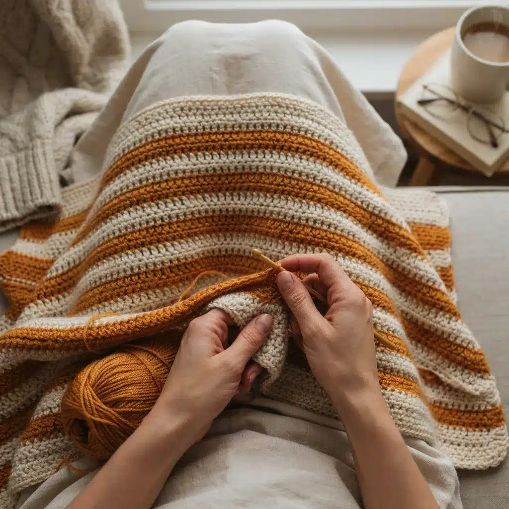Overhead view of a mustard gold and cream striped crochet blanket in progress on a lap with hook and yarn ball