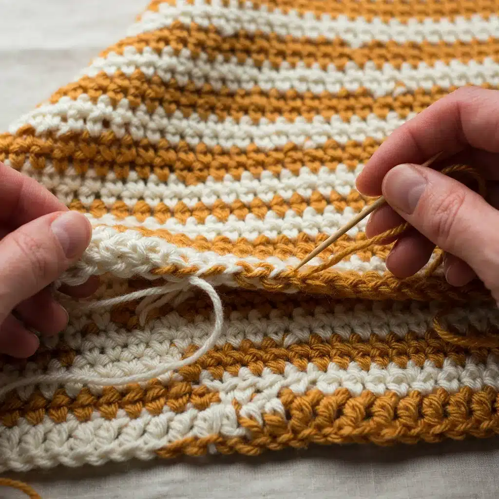 Close-up of hands weaving in a yarn tail with a tapestry needle on a finished mustard gold and cream crochet blanket edge