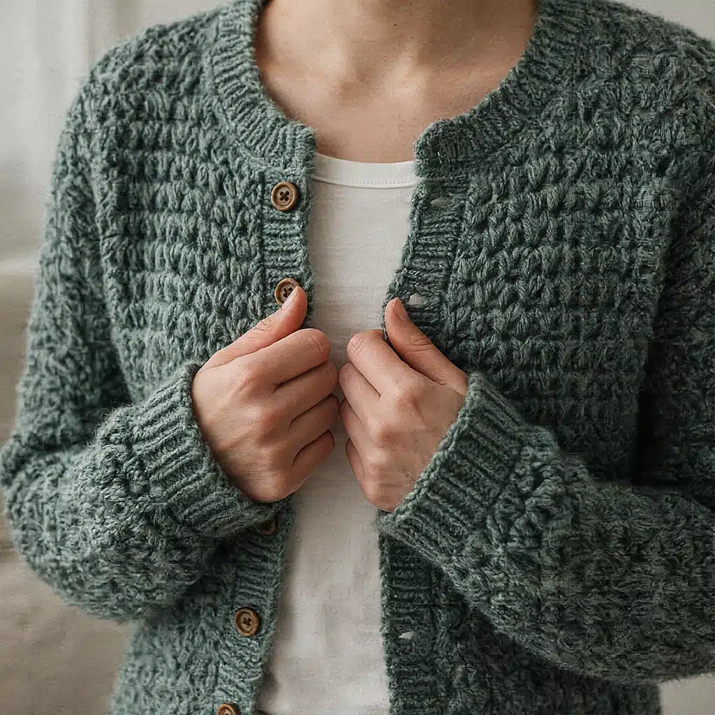close-up of a sage green crochet cardigan's button band and neckline, showing finished edge stitching