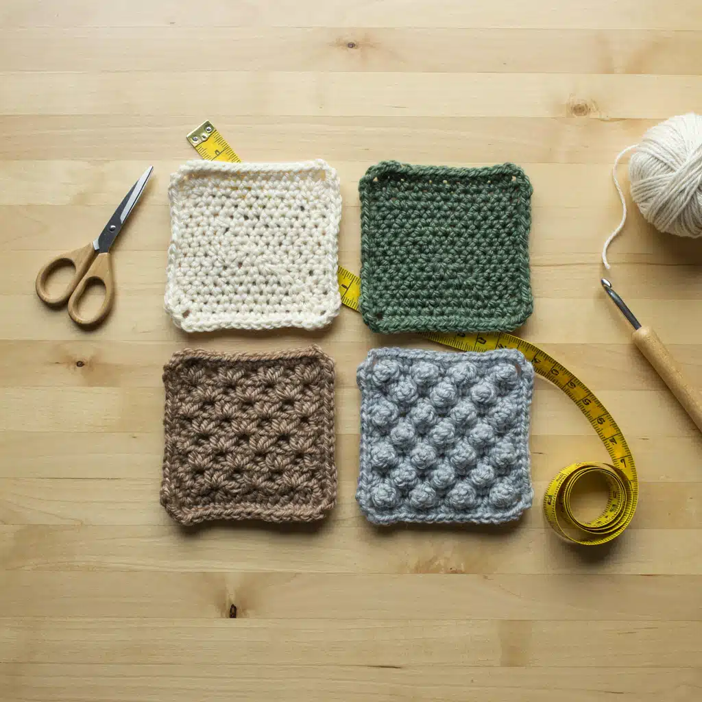 four crochet gauge swatches in different yarns next to a measuring tape for checking stitch and row gauge