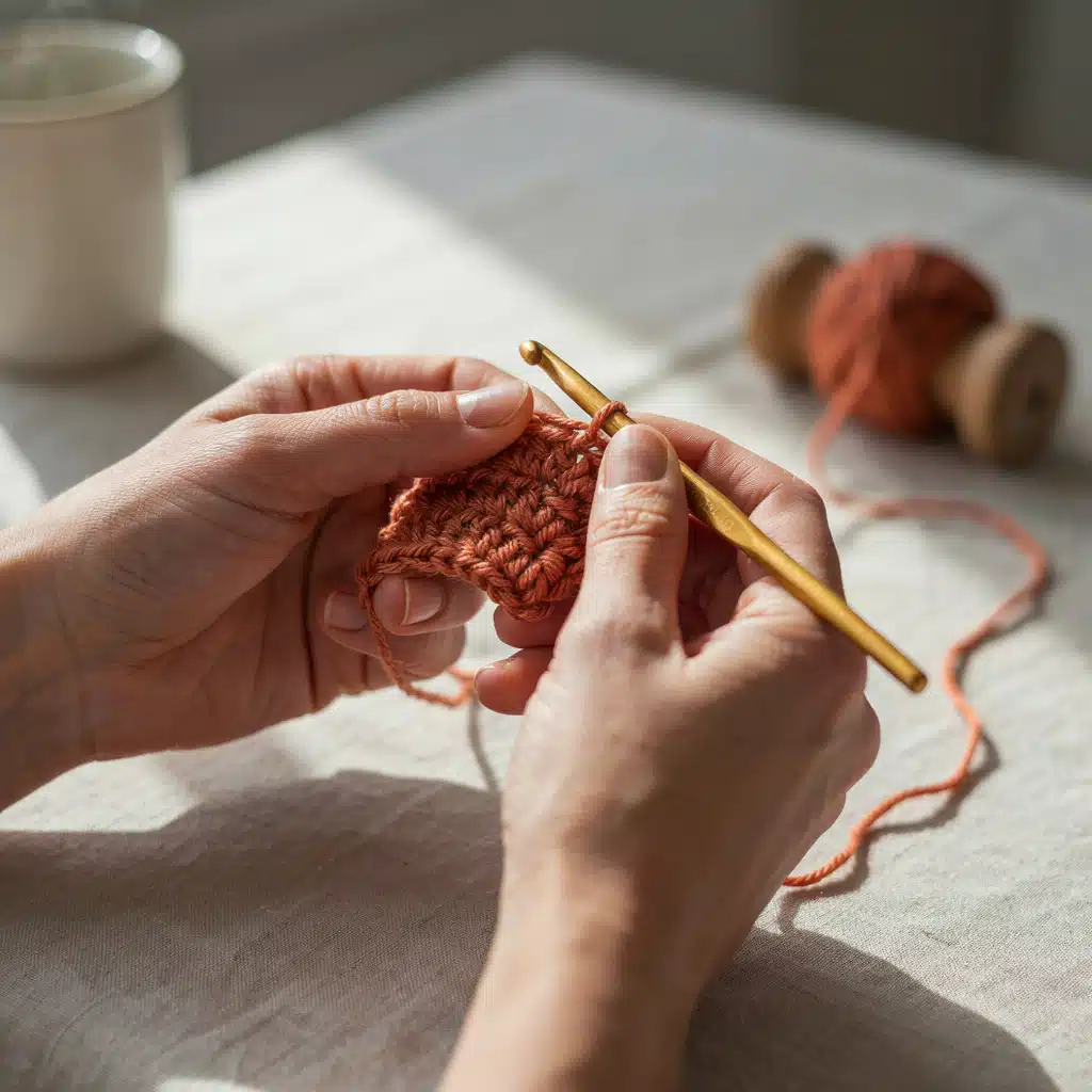 close-up of hands mid-stitch holding a crochet hook and terracotta yarn while working a swatch