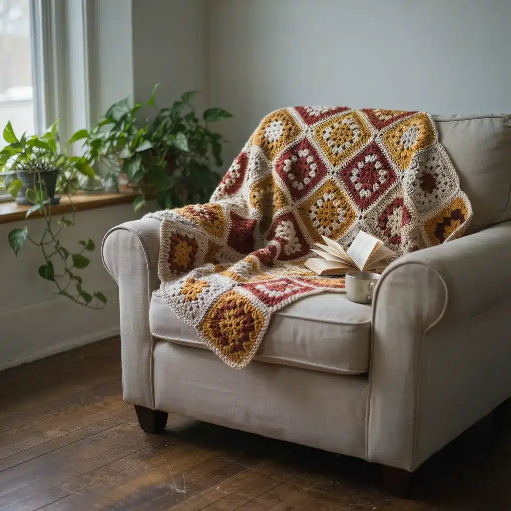 Finished granny square crochet blanket in mustard gold, rust terracotta, and cream draped over an armchair