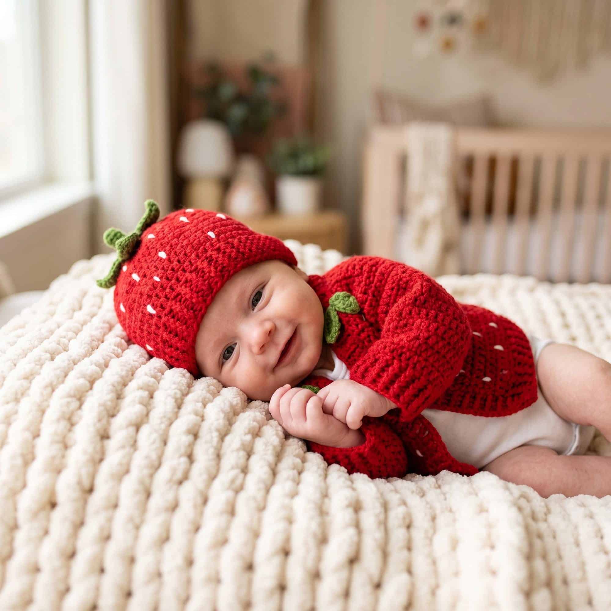Newborn wearing the strawberry crochet hat and cardigan from the baby gift set
