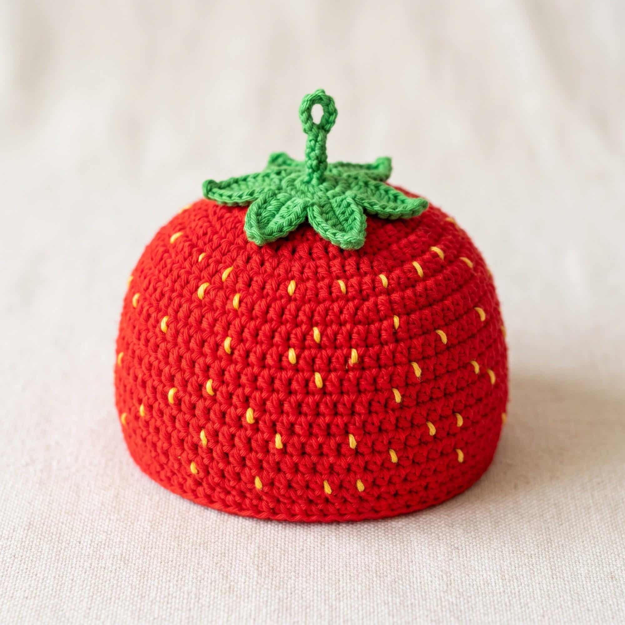 Close-up of the strawberry crochet baby hat with green calyx and stem