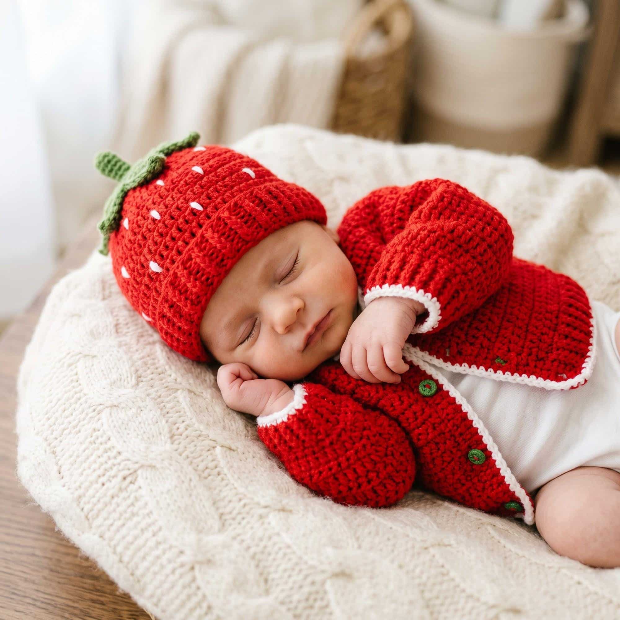 Newborn asleep wearing the full strawberry crochet baby gift set on a knit blanket