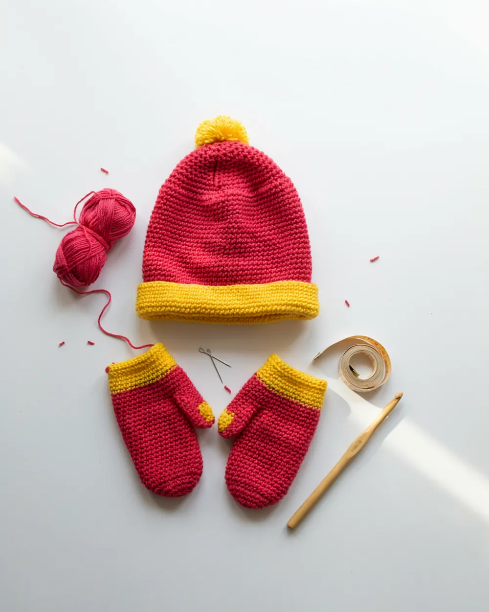 Bright handmade crochet beanie hat and matching mittens in vivid pink and yellow, MapleHookCrochet colorful accessory pattern