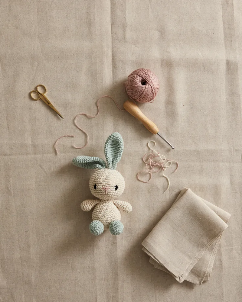 Handmade crochet supplies and a finished amigurumi bunny toy, including yarn, scissors, and a crochet hook, illustrating the MapleHookCrochet pattern-making process