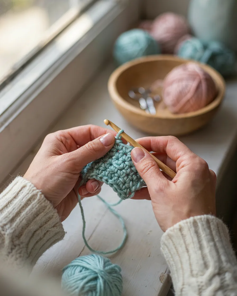 Close-up of hands crocheting one of our crochet patterns with soft mint green cotton yarn using a wooden hook