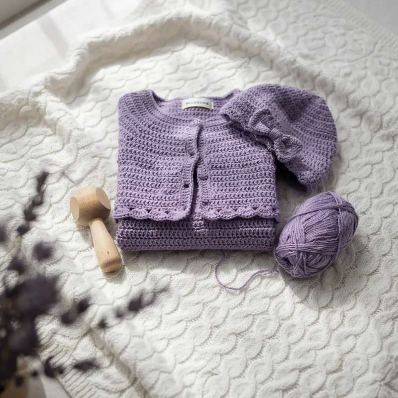 Handmade crochet baby cardigan and bonnet set in soft lavender purple, MapleHookCrochet baby crochet pattern