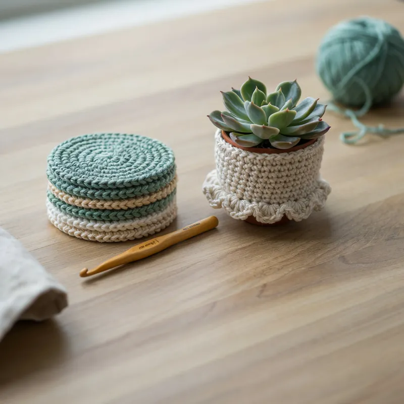 Handmade crochet coasters and plant pot cover in mint green and cream, MapleHookCrochet home decor crochet pattern