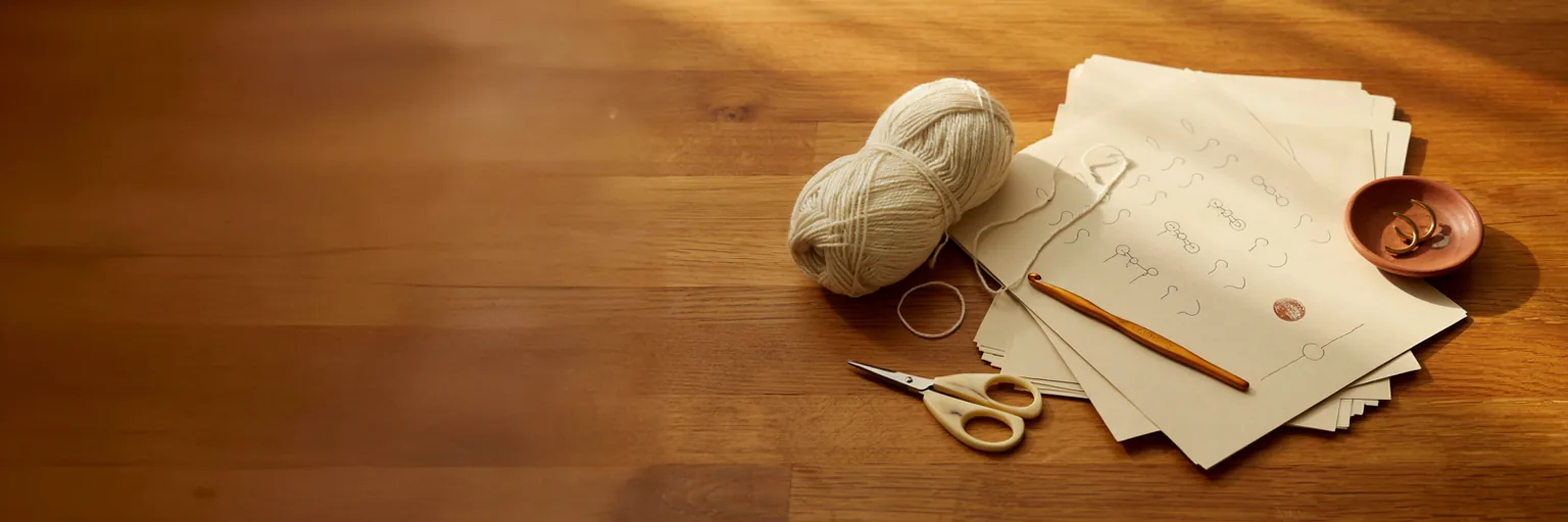 Folded crochet pattern papers and cream wool yarn flat lay, representing MapleHookCrochet's Terms of Service page