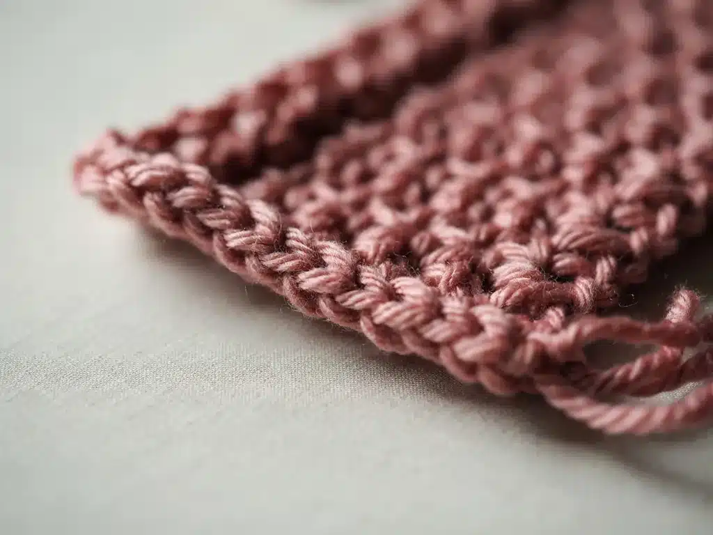close-up of a corded crab stitch border edge on a dusty rose crochet swatch