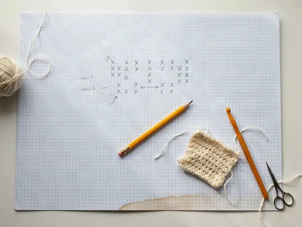 hand-drawn single crochet stitch diagram on graph paper next to a crochet swatch and hook