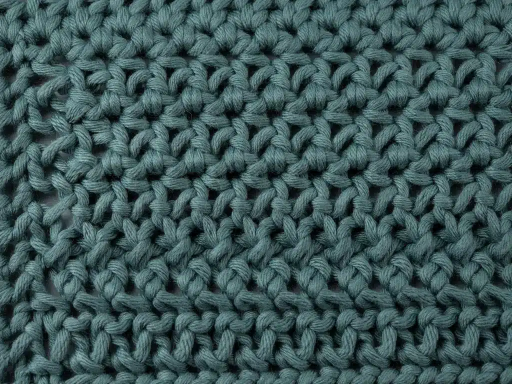 macro close-up of dense single crochet fabric texture in sage green yarn
