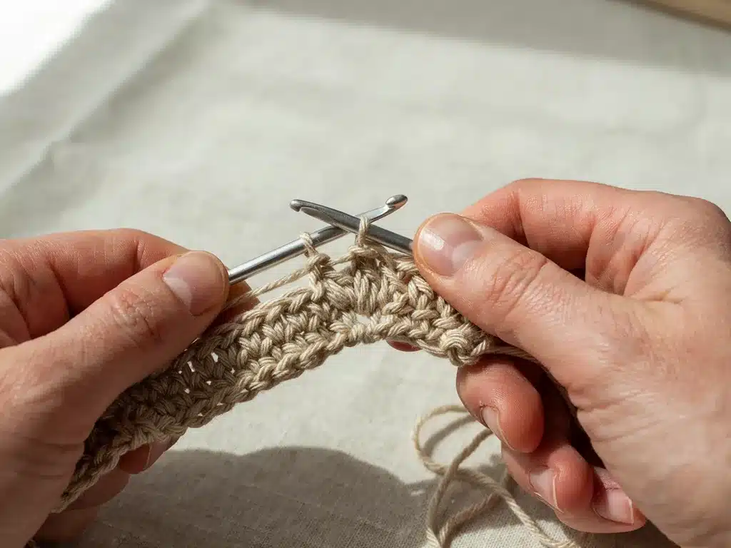 hands inserting a crochet hook into a stitch mid single crochet with oatmeal yarn