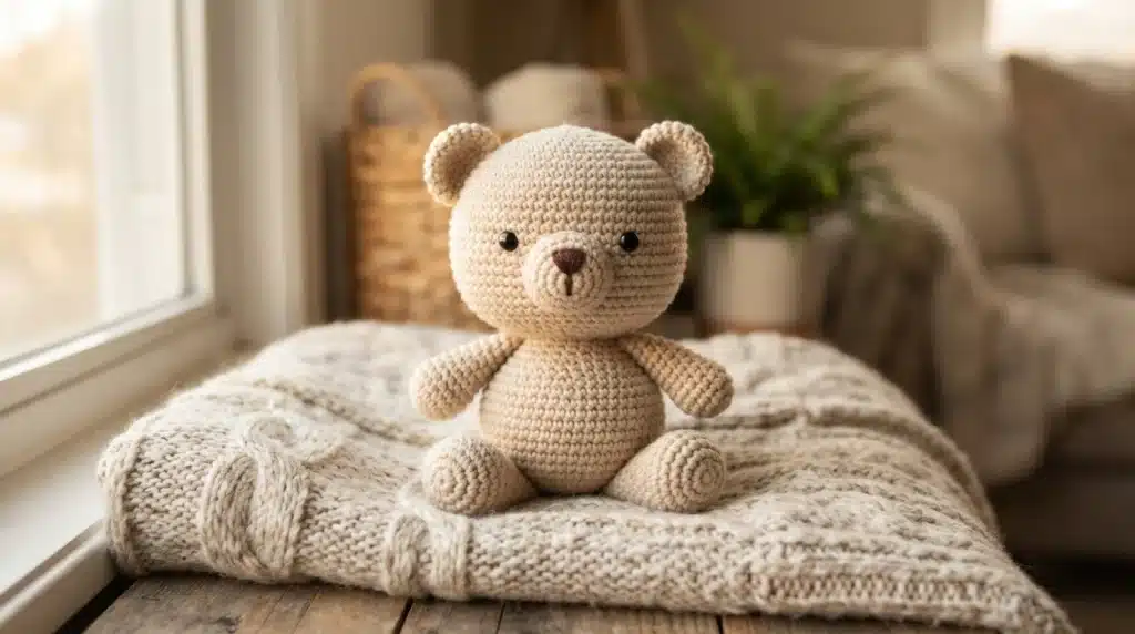 A small, beige crocheted teddy bear sitting upright on a knit blanket near a window sill.