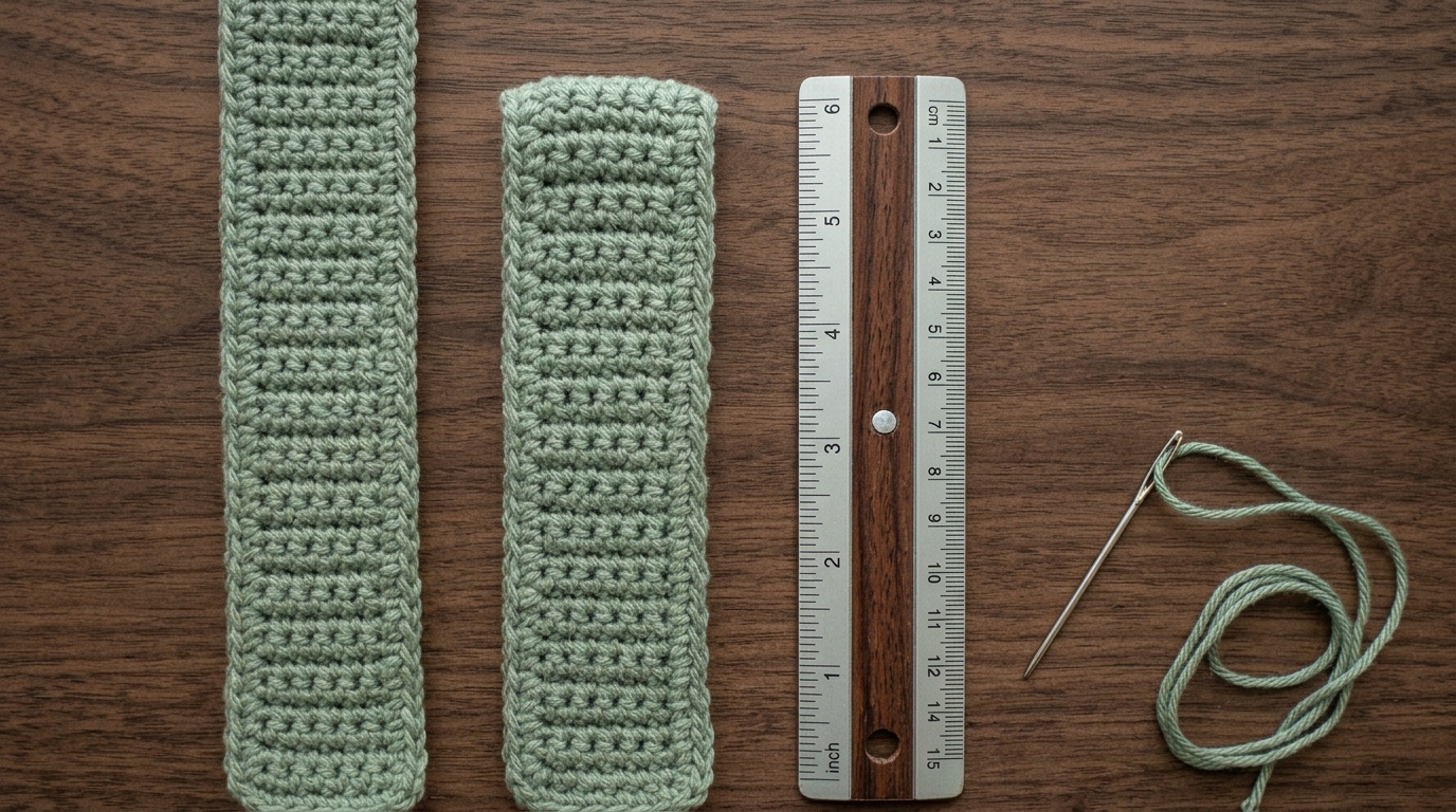 Two green crocheted straps of different lengths displayed beside a ruler, with a sewing needle and matching yarn on a wooden surface.