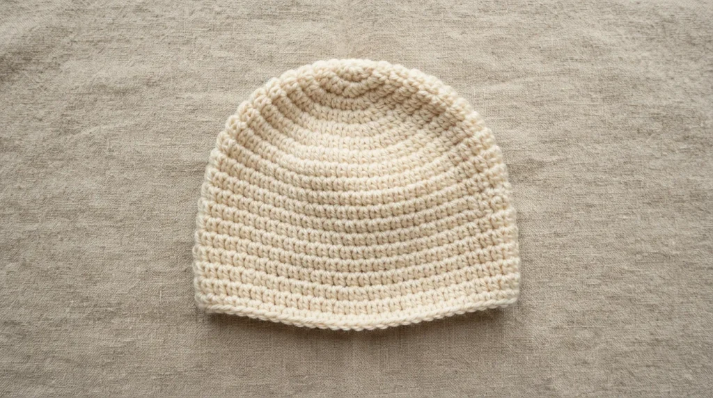 A simple cream-colored crocheted beanie lies flat on a neutral linen background.