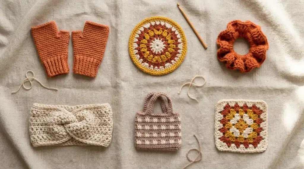 A cozy flat-lay collection of hand-crocheted autumn accessories, including fingerless gloves, a headband, a mini tote bag, scrunchie, and decorative granny square motifs on a beige linen surface.