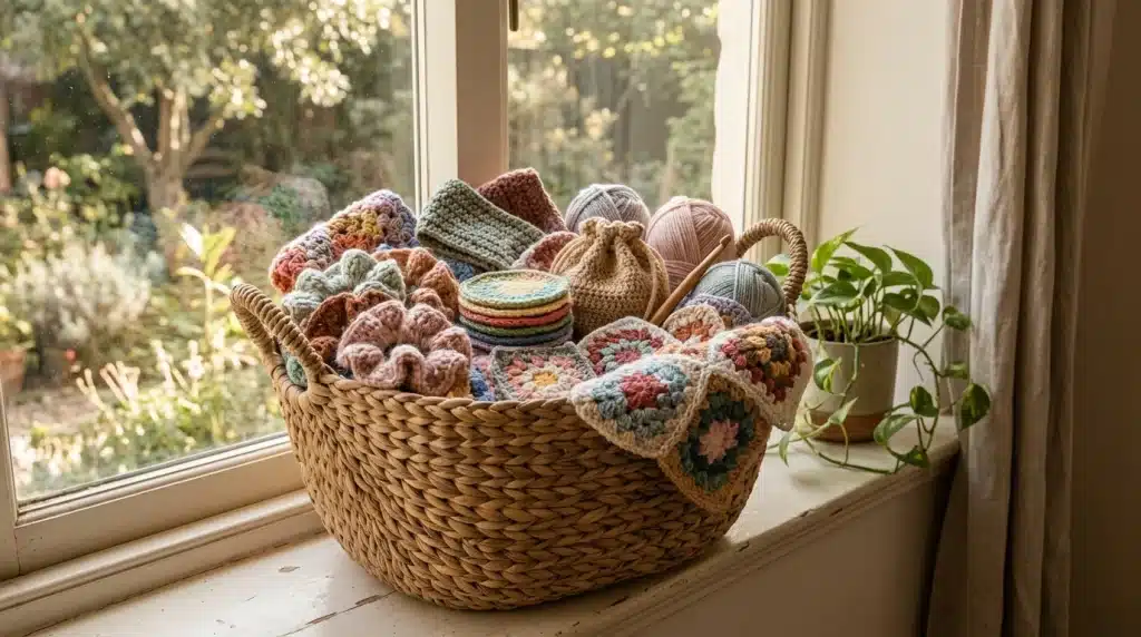 Woven basket filled with colorful crochet projects, yarn balls, and handmade crochet accessories beside a sunny window.