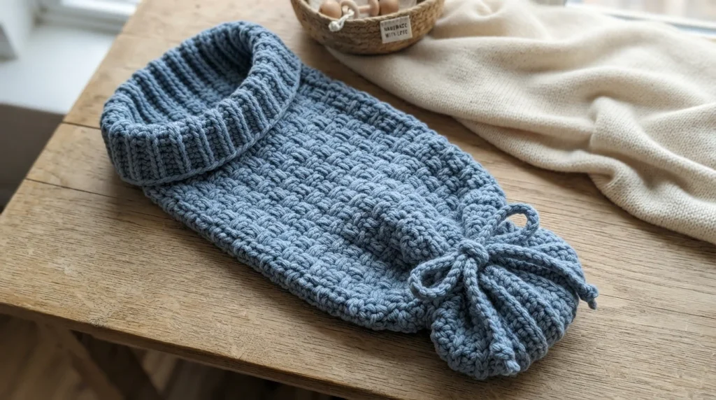 A light blue crocheted baby cocoon with a ribbed collar and tied bottom rests flat on a wooden surface.
