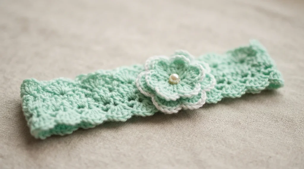 A mint green crocheted baby headband embellished with a layered crochet flower and pearl center rests on a textured fabric surface.