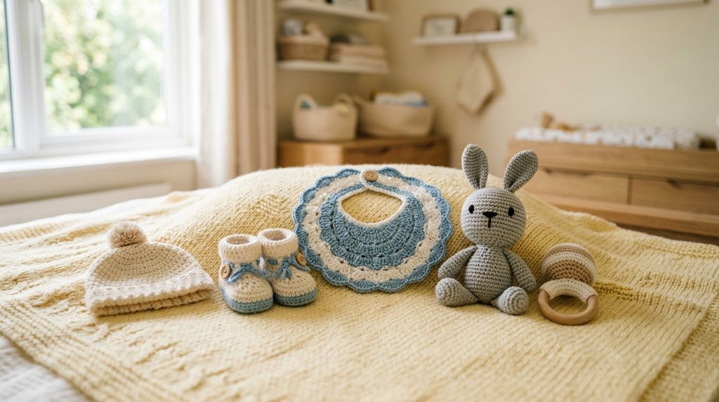 A set of handmade baby items including a beanie, booties, bib, stuffed bunny, and wooden rattle ring arranged on a knit blanket.
