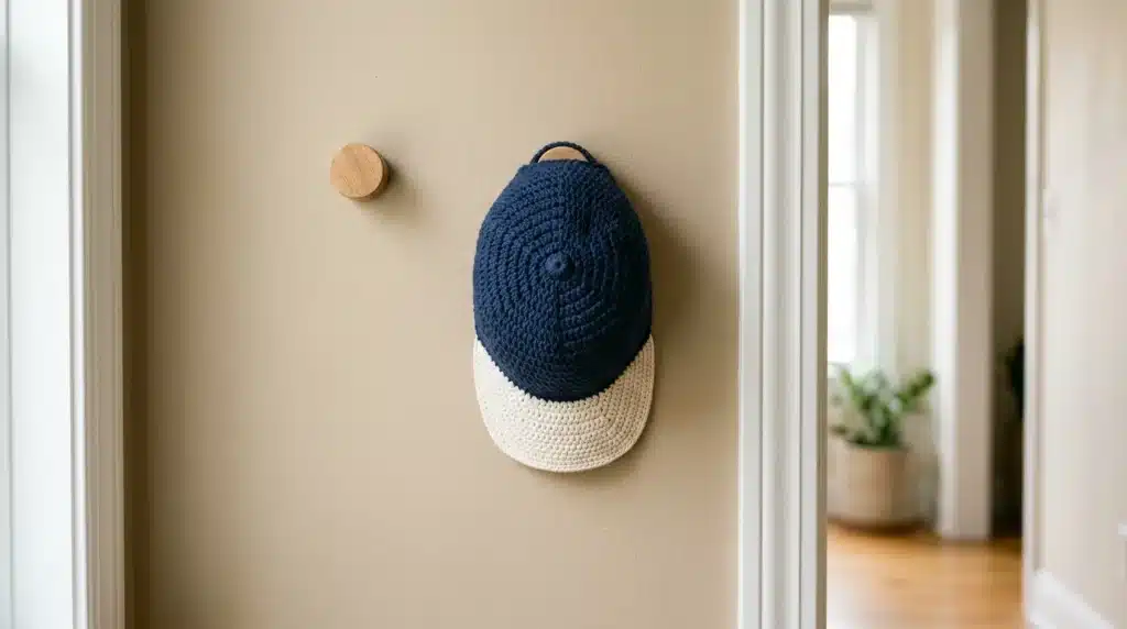 Crochet baseball cap hanging on a wall peg in a bright, cozy hallway.