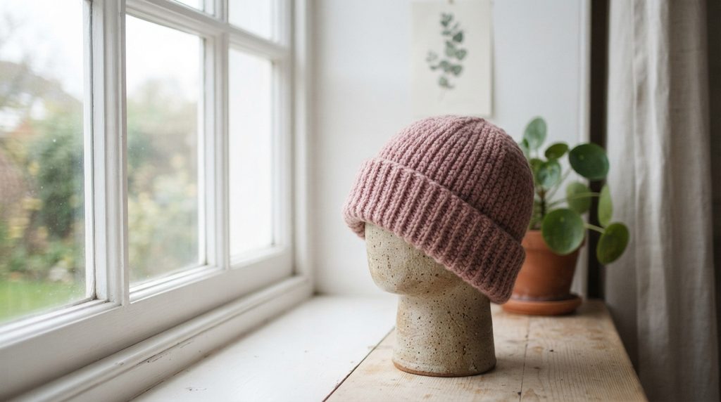 Pink crochet beanie displayed on a ceramic mannequin head beside a window, with a potted houseplant in the background.