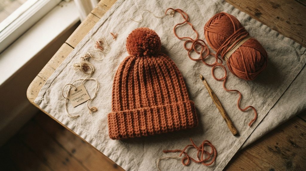 A handmade brown crochet beanie with a pom-pom rests on linen fabric, surrounded by balls of brown yarn and a crochet hook on a wooden table.