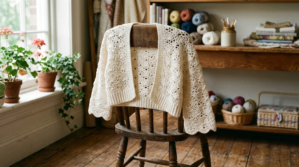 Finished cream crocheted lace cardigan draped over a wooden chair in a cozy craft room.