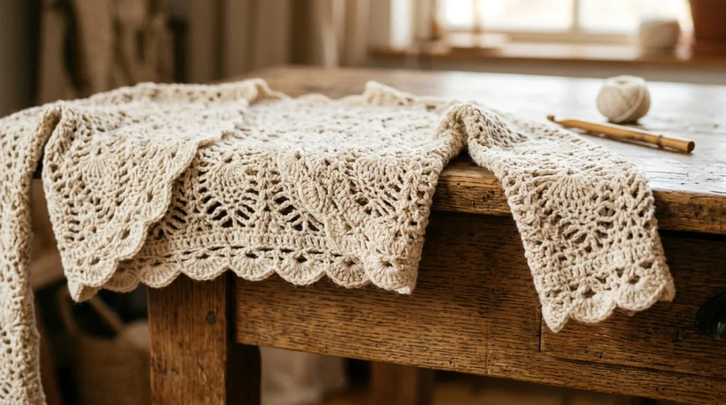 Cream crocheted lace cardigan draped over a rustic wooden table, with a crochet hook and yarn in the background.