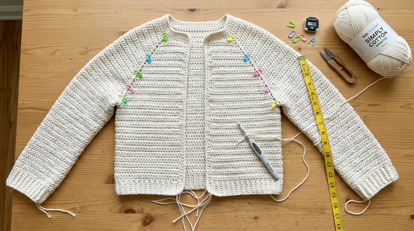 Cream crocheted cardigan in progress on a wooden table, surrounded by stitch markers, measuring tape, crochet hook, yarn, and scissors.