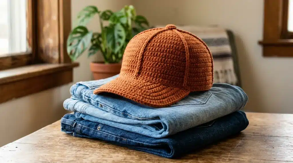Brown crocheted baseball cap displayed on folded blue jeans on a wooden table.