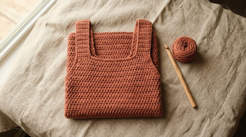 Rust-colored crocheted crop top displayed flat on linen fabric, with a crochet hook and matching ball of yarn beside it.