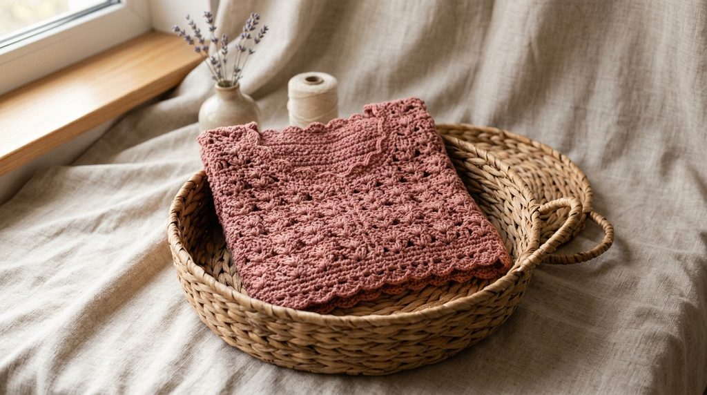 Pink crocheted crop top with scalloped edges displayed in a woven basket on a linen-covered surface beside a small vase and spool of yarn.