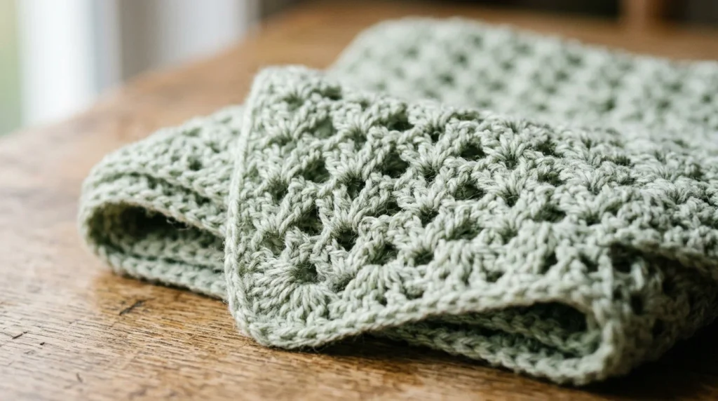 A close-up view of a folded, sage-green openwork crocheted scarf or blanket rests on a wooden surface.