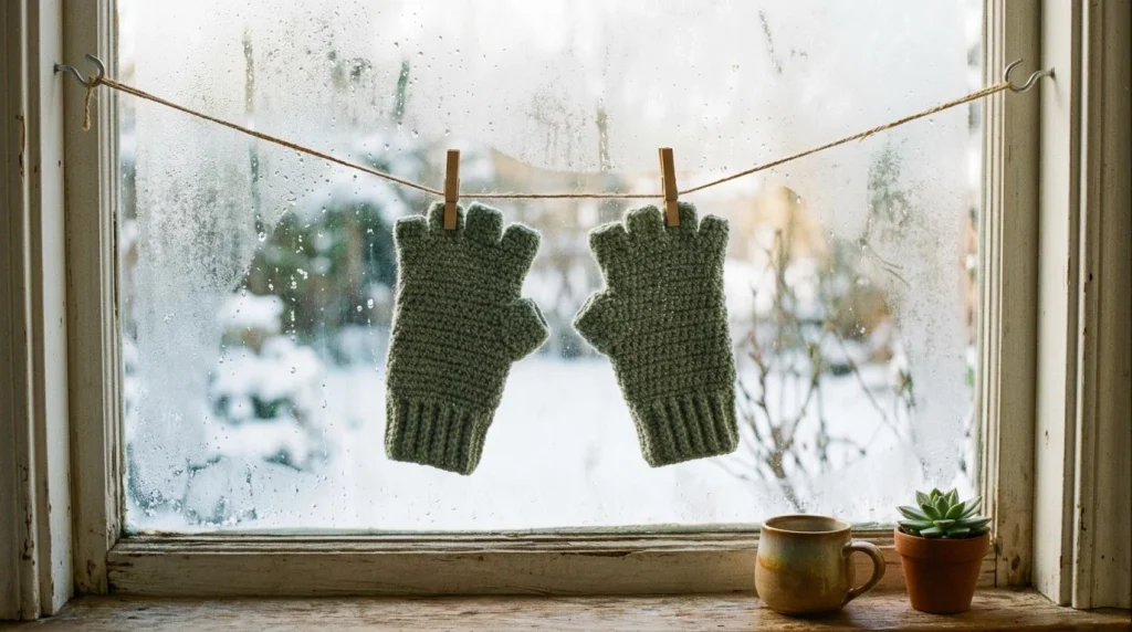 Green crocheted fingerless gloves hanging on a clothesline in front of a rain-speckled window, with a warm mug and potted succulent on the windowsill.