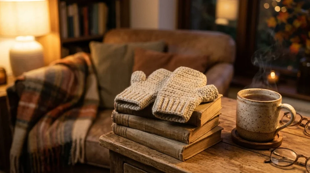 Cream-colored crocheted mittens resting on a stack of vintage books beside a warm cup of coffee in a cozy living room.