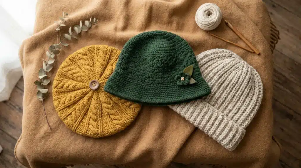A mustard yellow beret, a dark green bucket hat, and a cream ribbed beanie lie arranged on a brown woolen throw alongside crochet hooks and yarn.
