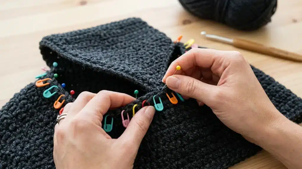 Hands pinning a crocheted hood to a black cowl using colorful stitch markers.