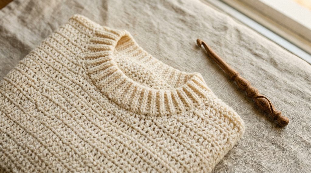 Cream-colored crocheted sweater with a ribbed neckline, displayed on a linen surface beside a wooden crochet hook.
