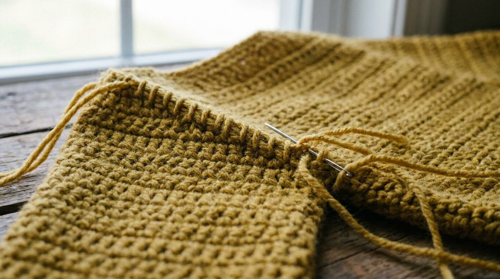 Close-up of a mustard-yellow crocheted sweater being stitched along the shoulder seam with a needle and matching yarn.