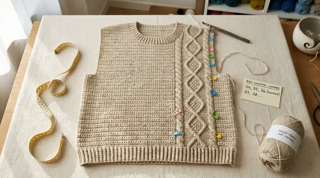 Crochet jumper front panel with a central cable section in progress