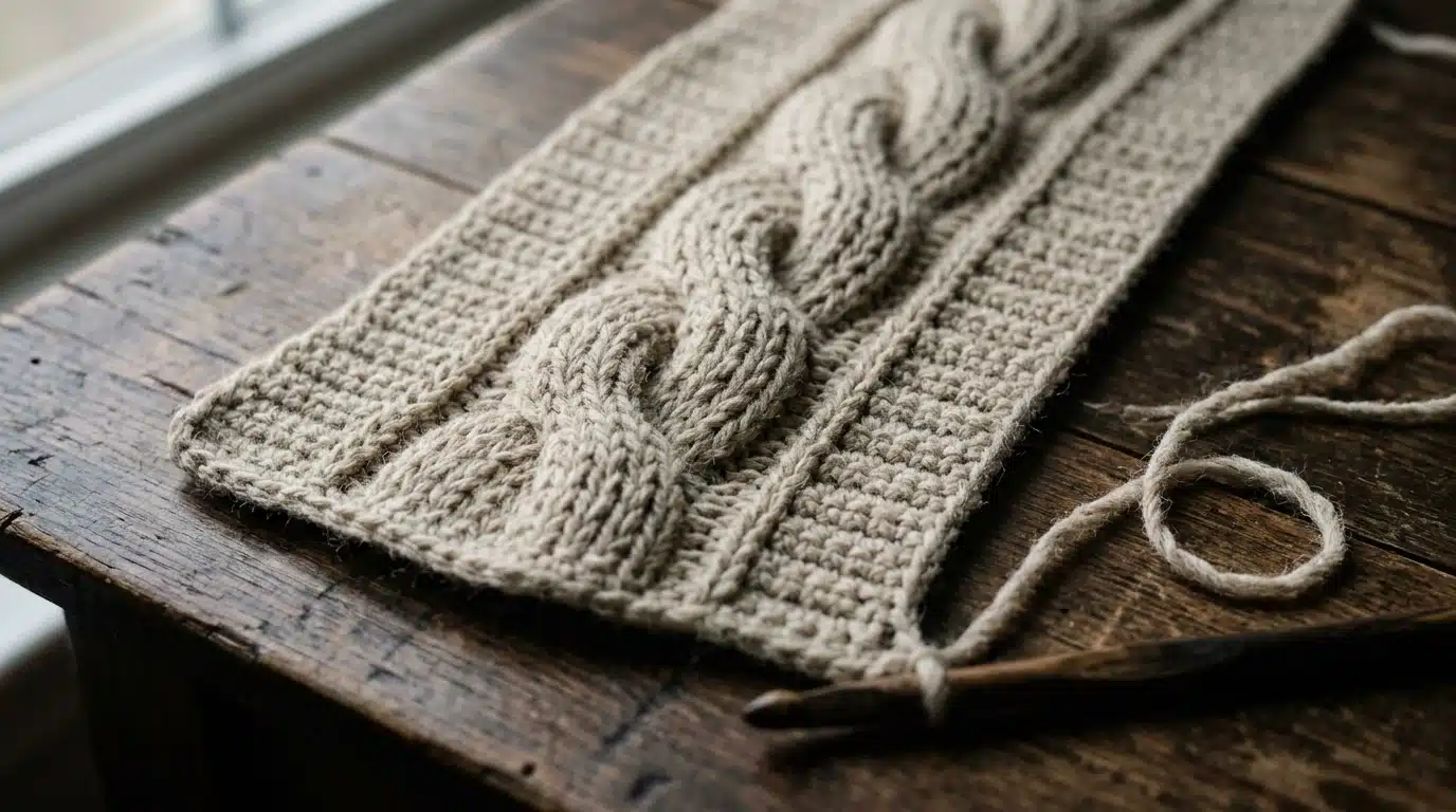  Close-up of raised crochet cable stitches showing detailed texture