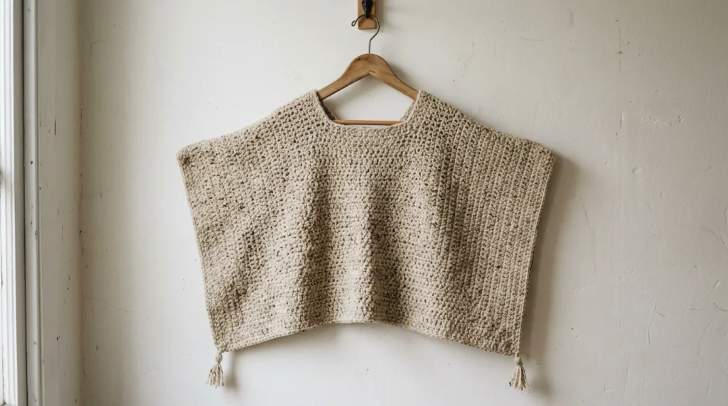 A beige, textured crocheted poncho with corner tassels hangs from a wooden hanger against a white wall.