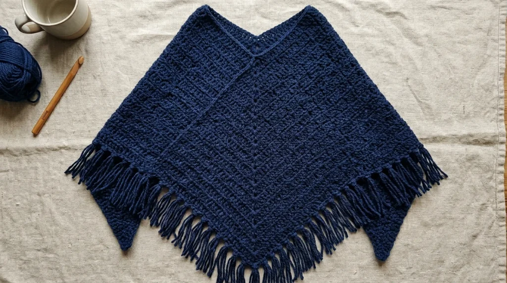 A navy blue crocheted poncho with fringed edges lays flat on a textured fabric surface alongside a ball of matching yarn and a wooden crochet hook.